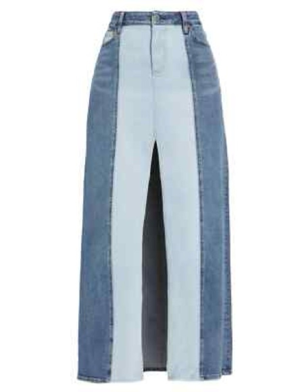 Two-Tone Panel Front-Slit Denim Skirt